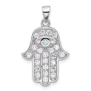 925 Sterling Silver Created White & Blue CZ Hamsa Hand Eye Hand Charm Pendant